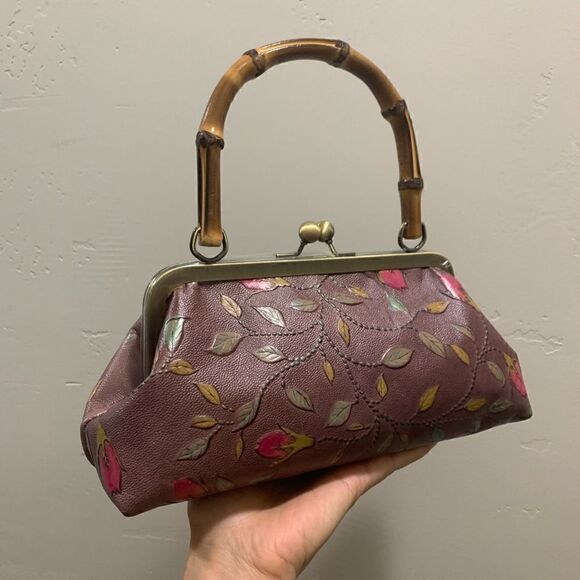 Handmade Genuine Leather Floral Embossed Real bamboo Handle Satchel/Crossbody - Picture 6 of 15